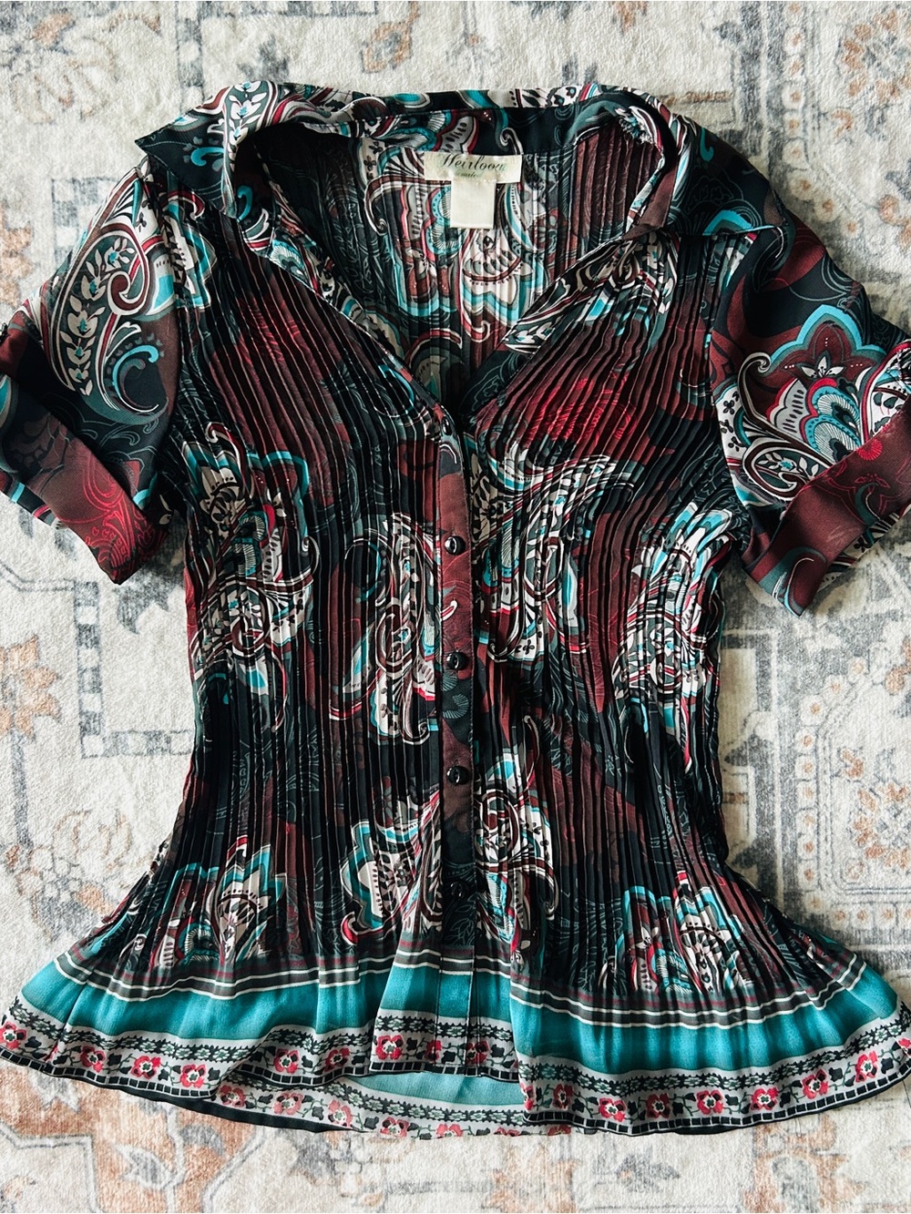 Heirloom Limited Teal and Burgundy Paisley Pleated Button-Up Blouse